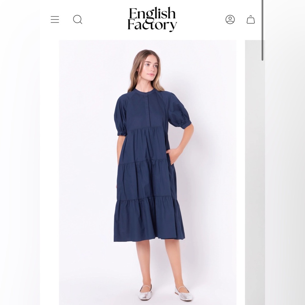 English Factory Puff Sleeve Midi Dress - Navy